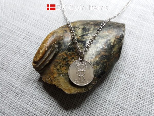 Denmark 1961 coin necklace with 63 year old Crown R initial 10 ore as coin pendant. 63rd birthday gift. Danish vintage souvenir