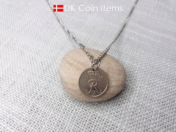 Denmark 1964 coin necklace with 60 year old Crown R initial 10 ore as coin pendant. 60th birthday gift. Danish vintage souvenir