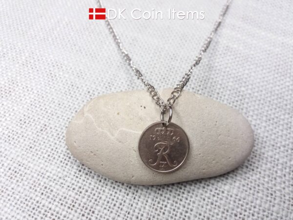 Denmark 1966 coin necklace with 58 year old Crown R initial 10 ore as coin pendant. 58th birthday gift. Danish vintage souvenir