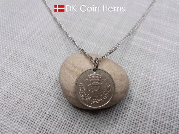 Denmark 1957 coin necklace with 67 year old Crown R initial 25 ore as coin pendant. 67th birthday gift. Danish vintage souvenir