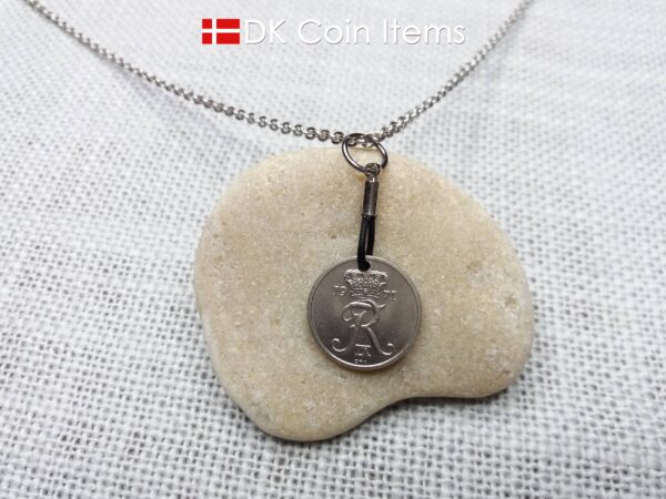 Denmark 1971 coin necklace with 53 year old Crown R initial 10 ore as coin pendant. 53rd birthday gift. Danish vintage souvenir