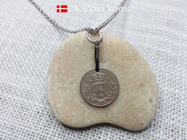 Denmark 1951 coin necklace with 73 year old Crown R initial 10 ore as coin pendant. 73rd birthday gift. Danish vintage souvenir