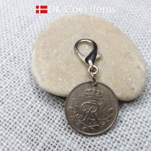 Denmark 1953 coin charm. 71 year old Danish 25 ore with Crown R initial as coin pendant