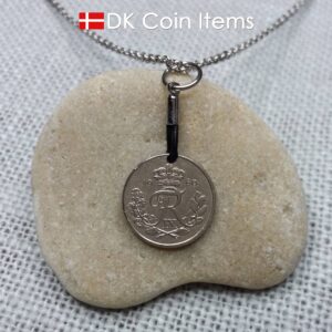 Denmark 1960 coin necklace with 64 year old Crown R initial 10 ore as coin pendant. 64th birthday gift. Danish vintage souvenir