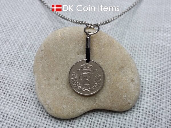 Denmark 1960 coin necklace with 64 year old Crown R initial 10 ore as coin pendant. 64th birthday gift. Danish vintage souvenir