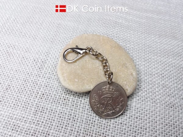 Denmark 1953 coin charm. 71 year old coin pendant. Danish 25 ore with Crown R initial