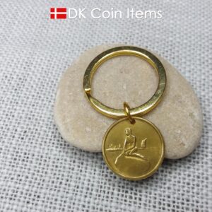 Danish coin pendant keychain with The Little Mermaid statue/sculpture on a Copenhagen vintage brass fare token from 1966-1967