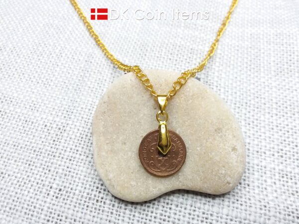 Denmark 1928 coin necklace. 96 year old coin pendant. Copper 1 ore with Crown C initial