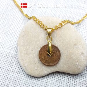 Denmark 1930 coin necklace. 94 year old coin pendant. Copper 1 ore with Crown C initial