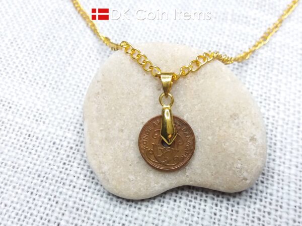 Denmark 1930 coin necklace. 94 year old coin pendant. Copper 1 ore with Crown C initial