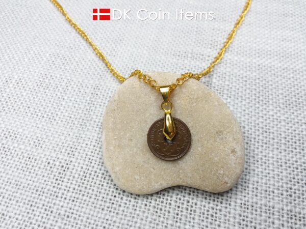 Denmark 1933 coin necklace. 91 year old coin pendant. Copper 1 ore with Crown C initial