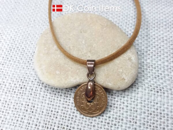 Denmark 1928 coin necklace. 96 year old coin pendant. Danish Crown C initial Copper 1 ore