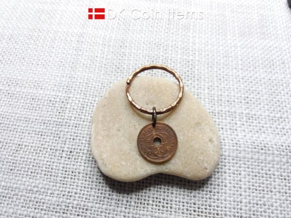 Denmark 1930 coin keychain. 94 year old Crown C initial Copper 1 ore as coin pendant