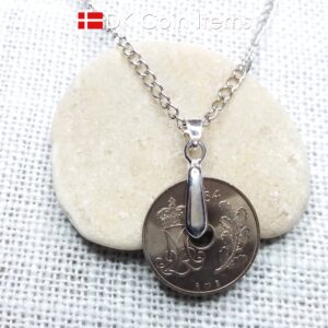 Denmark 1984 coin necklace. 40 year old coin pendant. Initial M 25 ore. Danish Crown souvenir