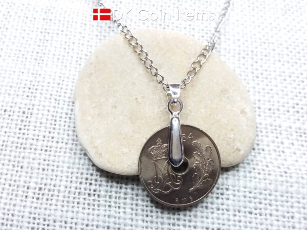 Denmark 1984 coin necklace. 40 year old coin pendant. Initial M 25 ore. Danish Crown souvenir