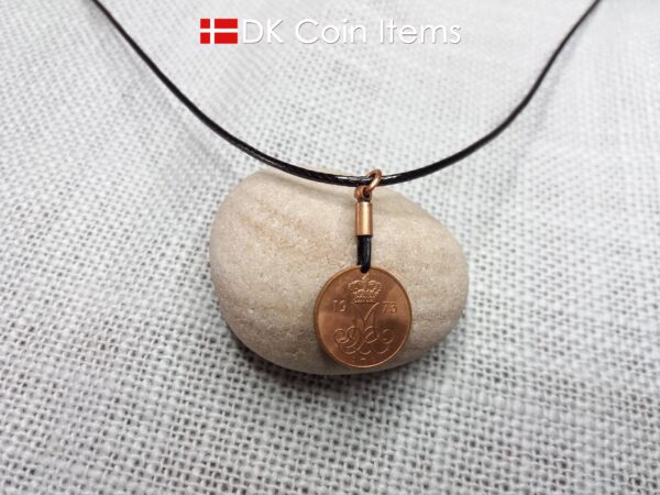 Denmark 1973 coin necklace. 51 year old coin pendant. Initial M 5 ore. 51st birthday gift. 5th anniversary gift. Danish vintage souvenir.