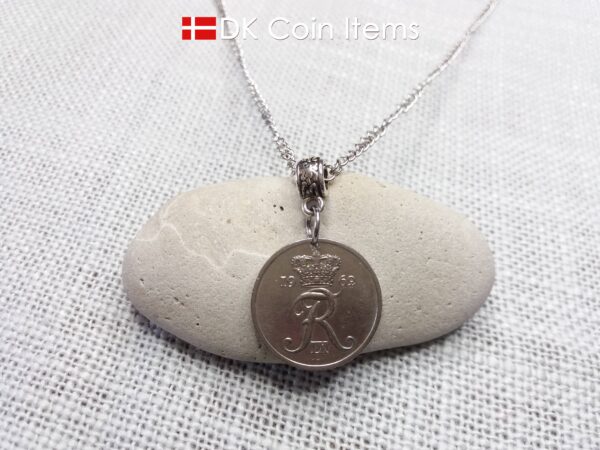 Denmark 1962 coin pendant necklace with 62 year old R initial 25 ore. 62nd birthday gift. Danish vintage souvenir gift