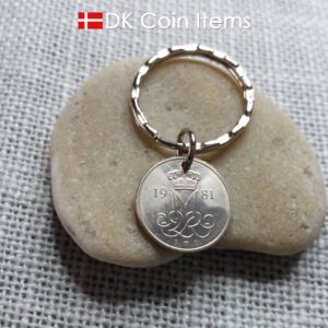 Denmark 1981 coin keychain with 43 year old M initial 10 ore as coin pendant. 43rd birthday gift. 10th anniversary gift