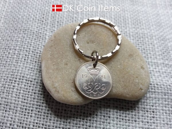 Denmark 1981 coin keychain with 43 year old M initial 10 ore as coin pendant. 43rd birthday gift. 10th anniversary gift