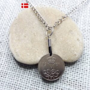 Denmark 1981 coin necklace with 43 year old M initial 10 ore as coin pendant. 43rd birthday gift. 10th anniversary gift