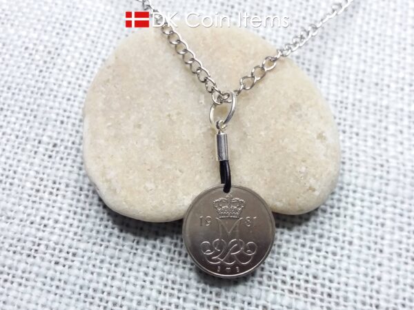 Denmark 1981 coin necklace with 43 year old M initial 10 ore as coin pendant. 43rd birthday gift. 10th anniversary gift