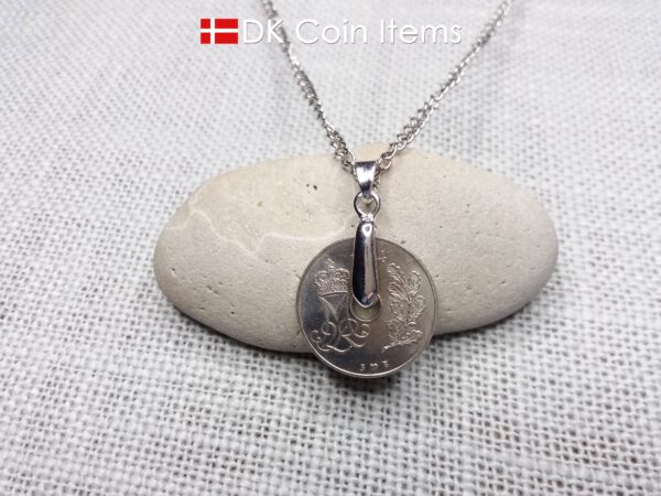 Denmark 1974 coin necklace. 50 year old coin pendant. Initial M 25 ore. Danish Crown souvenir gift