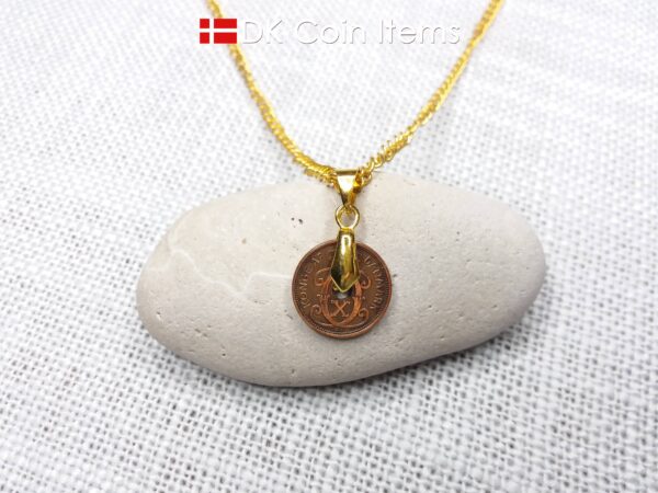 Denmark 1936 coin necklace with 88 year old Crown C initial Copper 1 ore as coin pendant