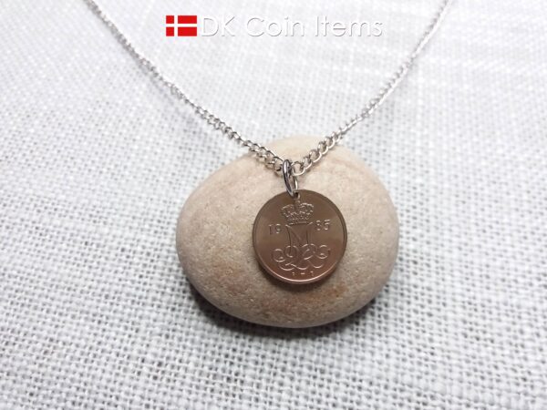 Denmark 1985 coin necklace with 39 year old M initial 10 ore as coin pendant. 39th birthday gift. 10th anniversary gift. Danish souvenir gift