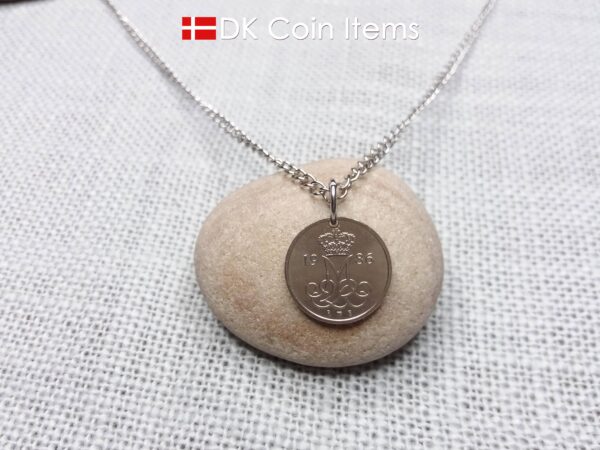 Denmark 1986 coin necklace with 38 year old M initial 10 ore as coin pendant. 38th birthday gift. 10th anniversary gift. Danish souvenir gift