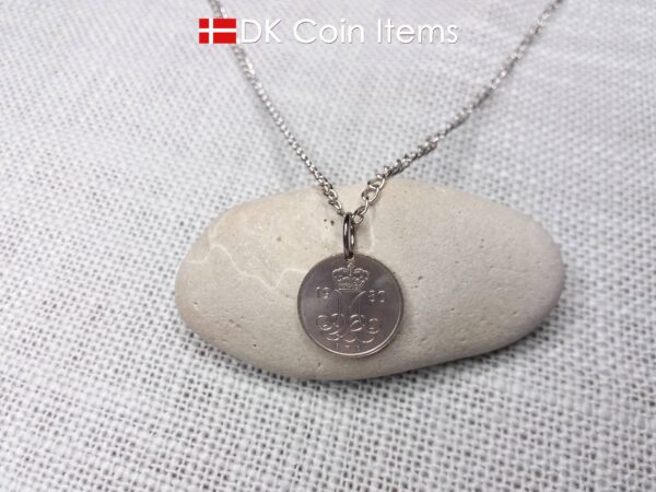 Denmark 1980 coin necklace with 44 year old M initial 10 ore as coin pendant. 44th birthday gift. 10th anniversary gift. Danish souvenir gift