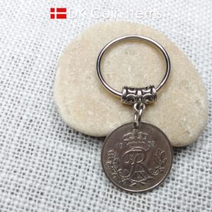 Denmark 1953 coin keychain. 71 year old coin pendant. Danish 25 ore with Crown R initial