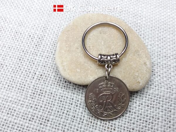 Denmark 1953 coin keychain. 71 year old coin pendant. Danish 25 ore with Crown R initial