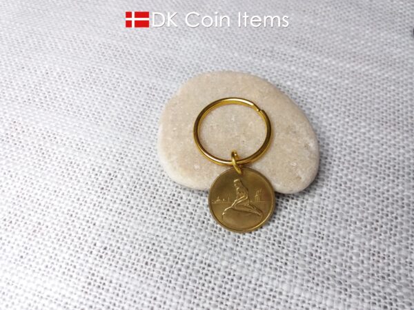 Coin pendant keychain with The Danish Little Mermaid statue/sculpture on a Copenhagen vintage brass fare token from 1966-1967