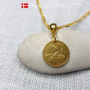 Danish coin pendant necklace with The Little Mermaid statue/sculpture on a Copenhagen vintage brass fare token from 1966-1967