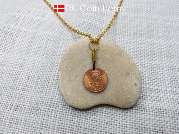 Denmark 1986 coin necklace with 38 year old Crown M initial 5 ore as coin pendant. 38th birthday gift. Danish vintage souvenir