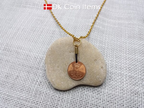 Denmark 1979 coin necklace with 45 year old Crown M initial 5 ore as coin pendant. 45th birthday gift. Danish vintage souvenir