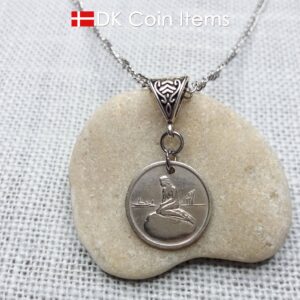 Denmark Little Mermaid coin necklace with a Copenhagen vintage 1966-1967 token showing The Danish Little Mermaid statue/sculpture