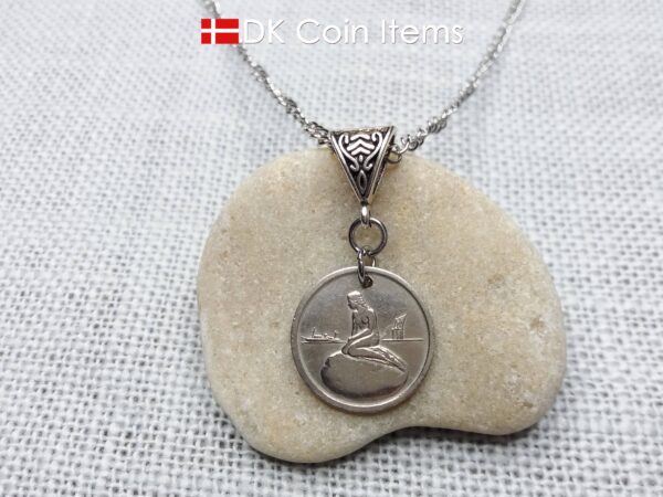 Denmark Little Mermaid coin necklace with a Copenhagen vintage 1966-1967 token showing The Danish Little Mermaid statue/sculpture