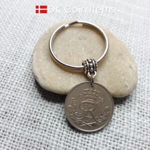 Denmark 1953 coin keychain. 71 year old Danish 25 ore with Crown R initial as coin pendant