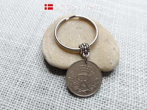 Denmark 1953 coin keychain. 71 year old Danish 25 ore with Crown R initial as coin pendant