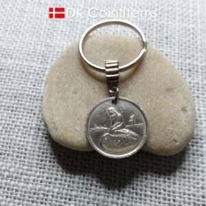 Denmark Little Mermaid keychain with a Copenhagen vintage 1966-1967 token coin showing The Danish Little Mermaid statue/sculpture