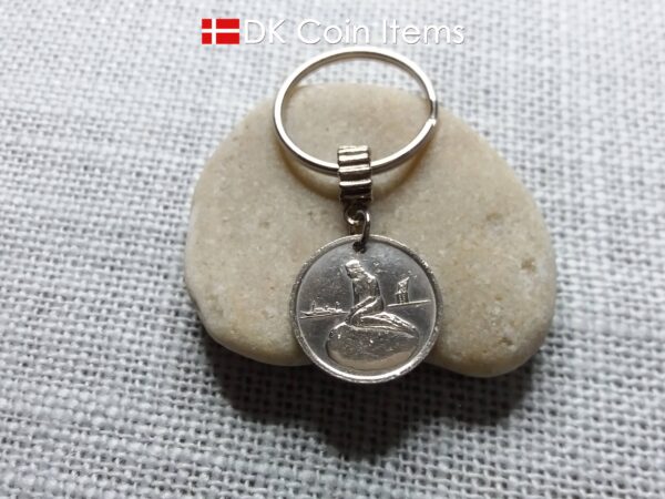 Denmark Little Mermaid keychain with a Copenhagen vintage 1966-1967 token coin showing The Danish Little Mermaid statue/sculpture