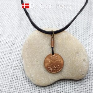 Denmark 1980 coin necklace with 44 year old Crown M initial 5 ore as coin pendant. 44th birthday gift. Danish vintage souvenir