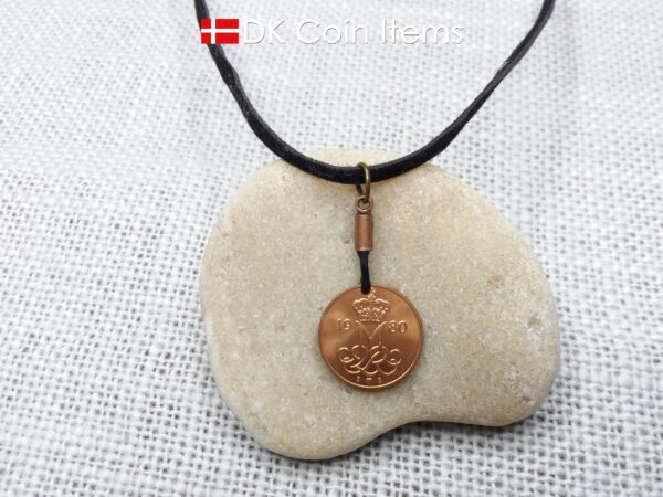 Denmark 1980 coin necklace with 44 year old Crown M initial 5 ore as coin pendant. 44th birthday gift. Danish vintage souvenir