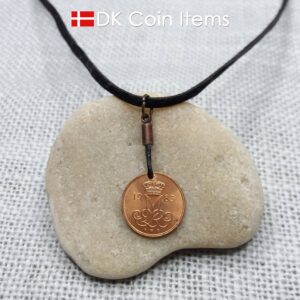 Denmark 1983 coin necklace with 41 year old Crown M initial 5 ore as coin pendant. 41st birthday gift. Danish vintage souvenir