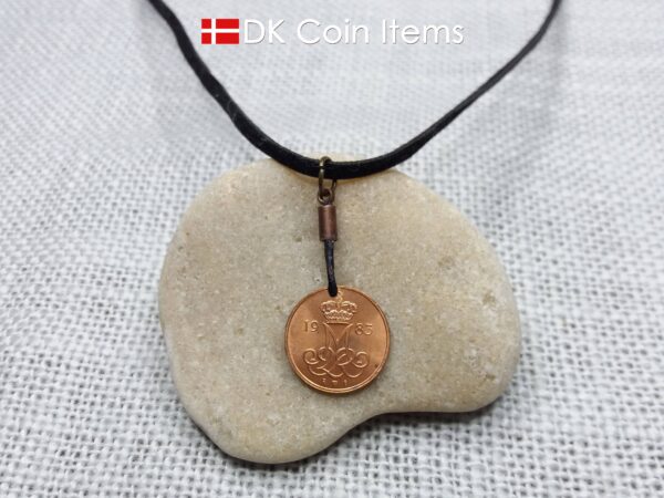 Denmark 1983 coin necklace with 41 year old Crown M initial 5 ore as coin pendant. 41st birthday gift. Danish vintage souvenir