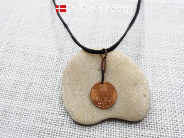 Denmark 1982 coin necklace with 42 year old Crown M initial 5 ore as coin pendant. 42nd birthday gift. Danish vintage souvenir