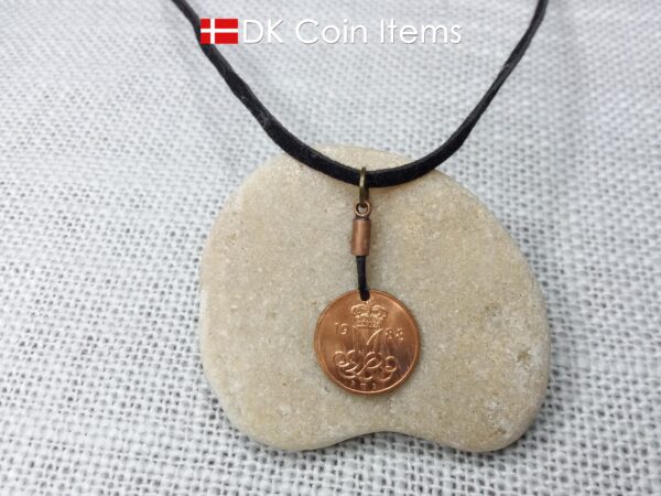 Denmark 1988 coin necklace with 36 year old Crown M initial 5 ore as coin pendant. 36th birthday gift. Danish vintage souvenir