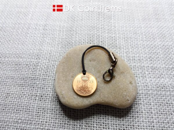 Denmark 1973 coin charm with 51 year old Crown M initial 5 ore as coin pendant. Danish vintage souvenir