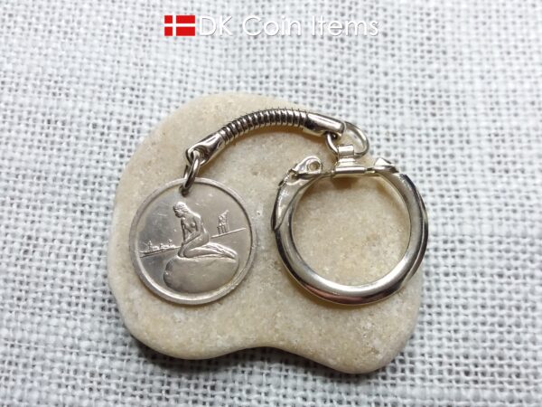 Denmark Little Mermaid coin pendant keychain with a Copenhagen vintage 1966-1967 token showing The Danish Little Mermaid statue/sculpture